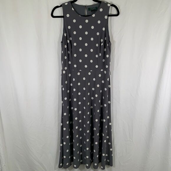 Lauren Ralph Lauren Dresses & Skirts - Lauren Ralph Lauren Midi Dress Women's 8 Grey Polka Dot Sleeveless Round Neck